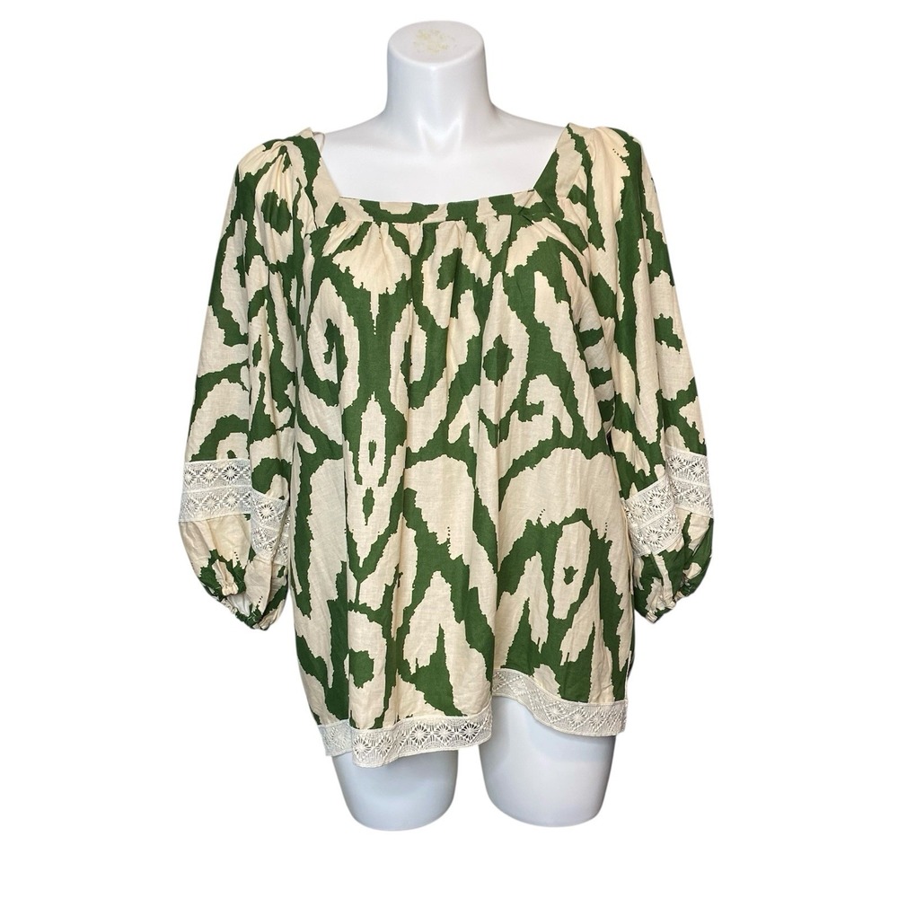 Rachel Zoe Womens Top Sz 1X Beige Green Linen Blend Balloon Sleeve‎ Crochet Trim